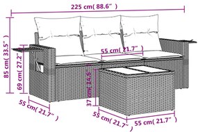 4 pcs conjunto sofás de jardim c/ almofadões vime PE castanho