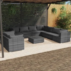vidaXL 10 pcs conjunto lounge de jardim c/ almofadões vime PE cinzento