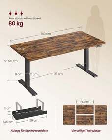 Secretária elétrica com altura ajustável 160 x 80 x (72-120) cm, porta USB e função de memória, castanho vintage