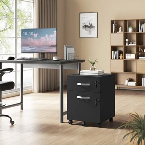 Bloco de gavetas escritório com rodas 43,8 x 40 x 54,4 cm, com fechadura, arquivo com 2 gavetas preto