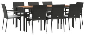 9 pcs conjunto de jantar p/ jardim c/ almofadões vime PE preto