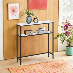 Mesa consola estreita com 2 prateleiras em efeito 20 x 80 x 80 cm branco mármore e preto