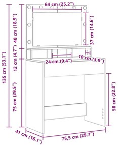 Mesa de Maquiagem vidaXL com Luzes LED em Carvalho Artisan 79x41x135 c