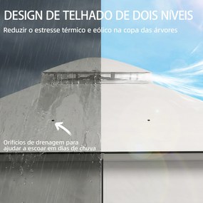 Pérgola de Jardim 360x300x279 cm com Duplo Teto 4 Paredes Laterais e Rede Mosquiteira Estrutura Metálica Cinza Claro