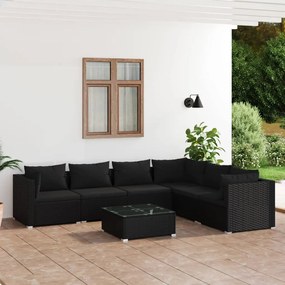 vidaXL 7 pcs conjunto lounge de jardim c/ almofadões vime PE preto