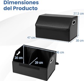 Organizador dobrável 30 x 47 x 27,5 cm para porta-malas de carros 35L com tampa lisa em couro e divisória ajustável Preta
