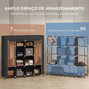 Guarda Roupa de Tecido Portátil com Rodas, 10 Compartimentos, Espaço para Pendurar Roupa e Estrutura em Aço, Preto