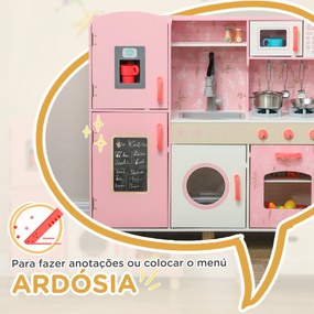 Cozinha de Madeira para Crianças com Sons Fogão Forno Micro-Ondas Máquina de Gelo e Acessórios 90x33,3x91,6 cm Rosa