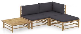 4 pcs conj. lounge jardim em bambu c/ almofadões cinza-escuro