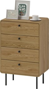 Cómoda com 4 gavetas, móvel de arrumação estreito com pés em aço, cantos arredondados, 60 x 39 x 91,5 cm, carvalho