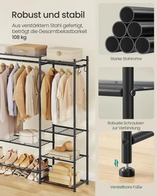 Guarda roupa aberto 30 x 124,8 x 157,1 cm com 7 prateleiras e 2 varões para cabides Preto