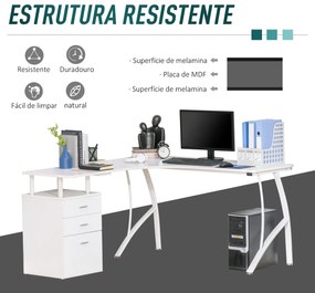 Mesa de canto para computador Mesa em formato de L com 3 gavetas Mesa moderna para escritório 143,5x143,5x76 cm Branco