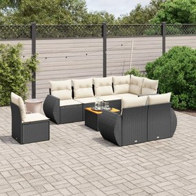 9 pcs conjunto de sofás p/ jardim c/ almofadões vime PE preto