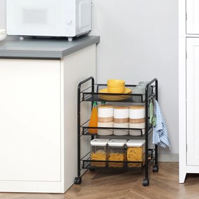 Carrinho cozinha de 3 níveis de arrumação com cestos de serviço com rodas, 45 x 26,5 x 63 cm, preto
