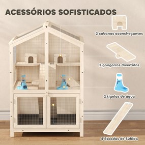 Gaiola para Hamster de Madeira de 3 Níveis com Bebedouros Casotas Baloiços Bandeja Amovível e Tampas Rebatíveis Natural