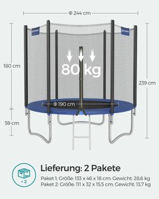 Trampolim 244 cm com rede segurança e escada Preto-Azul