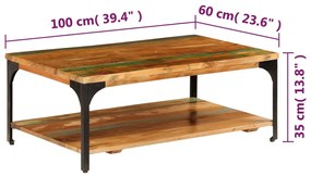 Mesa centro c/ prateleira 100x60x35cm madeira recuperada maciça