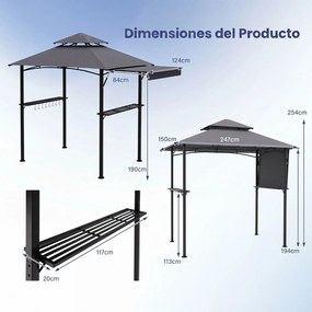 Tenda de Jardim para Churrasco (GRELHADOR NÃO INCLUIDO), 244 x 148 x 254 cm, Toldo Ajustável, Cinzento