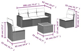 6 pcs conjunto de sofás p/ jardim com almofadões vime PE bege