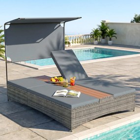 Espreguiçadeira Dupla de Jardim com Parasol, 203 x 147 x 164 cm, Encostos Ajustáveis em 5 Níveis, Cinzento