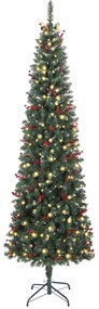 Árvore de Natal Slim 230 cm com Luzes LED 8 Modos de Iluminação 761 Ramos com Purpurina Prateada Pinhas e Bagas Verde