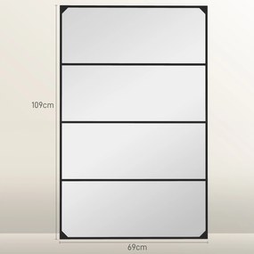 Espelho de parede retangular em vidro estilo industrial, na orientação horizontal ou vertical, com 4 ganchos, em metal preto, 109 x 69 cm