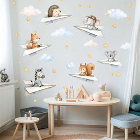 Autocolante de parede - Animais em aviões de papel