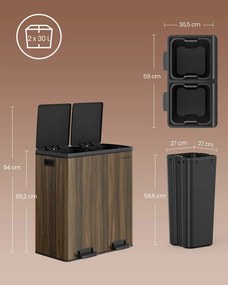 Caixote do lixo 59 x 36,5 x 65,2 cm com 2 compartimentos e 15 sacos de lixo Softclose em castanho