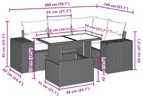 5 pcs conjunto sofás de jardim com almofadões vime PE preto