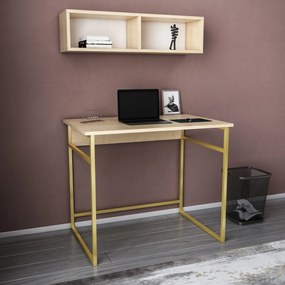 Secretária de Estudo Hussum - Dourado e Carvalho - 90x60x75 cm