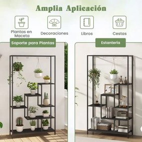 Suporte para plantas alto de 6 níveis 180 cm com 10 ganchos para pendurar e prateleira de arame Preto