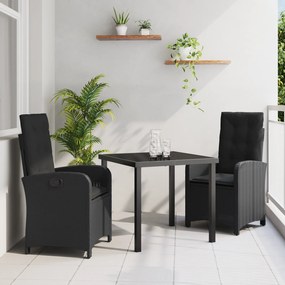 vidaXL Conjunto de Jantar de Jardim em 3 Peças com Almofadas Preto Rattan Sintético