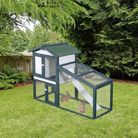 PawHut Gaiola de madeira para coelhos ao ar livre 2 níveis com bandeja removível e várias entradas telhado asfáltico Galinhas cobaias 140x65x100 cm Verde