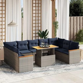 vidaXL 10 pcs conjunto sofás p/ jardim c/ almofadões vime PE cinzento