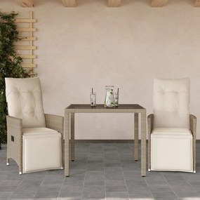 3 pcs conjunto de bistrô para jardim c/ almofadões vime PE bege