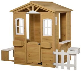 Outsunny Casa infantil para crianças a cima de 3 anos casa para brincar de madeira com caixa de correio banco 204x107x140 cm para exterior interior Cor madeira natural