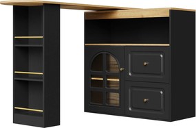 Mesa de Bar giratório 360°, com 2 gavetas, prateleira para snacks, vidro curvo, 138-204x39x104 cm, Preto