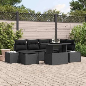 vidaXL Conjunto de sofá de jardim com 7 peças e almofadas pretas em rattan sintético.