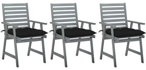 vidaXL Cadeiras de jantar p/ jardim 3 pcs c/ almofadões acácia maciça
