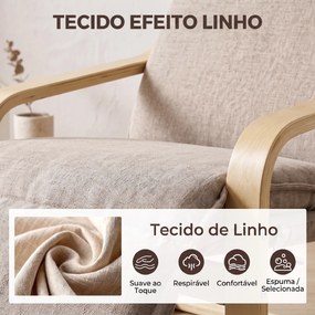 Poltrona para Sala em Tecido Aspeto Linho com Apoio para os Pés Baloiço Suave Encosto Alto e Assento Largo Castanho Claro