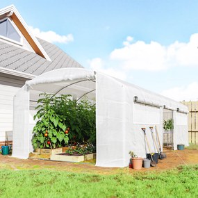 Estufa Túnel 6x3x2 m com 3 Portas Enroláveis, 6 Janelas com Rede e Estrutura de Aço Galvanizado Branco