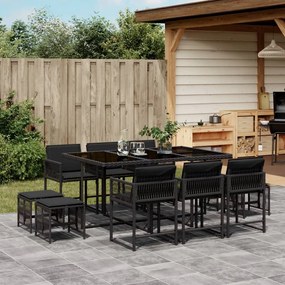 11 pcs conjunto de jantar p/ jardim c/ almofadões vime PE preto