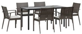 7 pcs conjunto de jantar p/ jardim c/ almofadões vime PE e aço