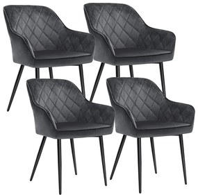 Conjunto 4 cadeiras de jantar c/ braços, assento 49 cm, pernas metálicas, veludo cinzento, suporta ~110 kg