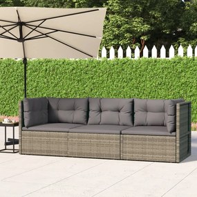 3 pcs conjunto lounge de jardim c/ almofadões vime PE cinzento