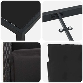Conjunto de Jantar de Jardim em 3 Peças com Almofadas Preto de Rattan