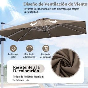 Guarda-sol de alumínio de 3 m quadrado com rotação de 360° e inclinação ajustável à prova de vento para jardim, piscina e terraço Castanho