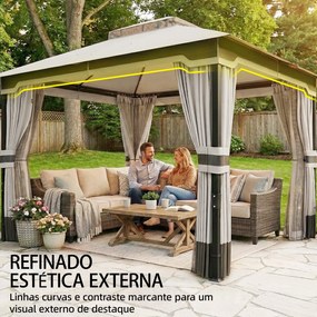Pérgola de Jardim 360x300x279 cm com Duplo Teto 4 Paredes Laterais e Rede Mosquiteira Estrutura Metálica Cinza Claro