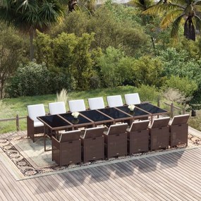 vidaXL 13 pcs conjunto jantar p/ jardim c/ almofadões vime PE castanho