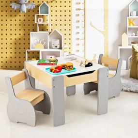 Conjunto de mesa para crianças e 2 cadeiras Mesa de actividades de madeira 4 em 1 para arte, desenho e leitura Quadro negro amovível Cinzento